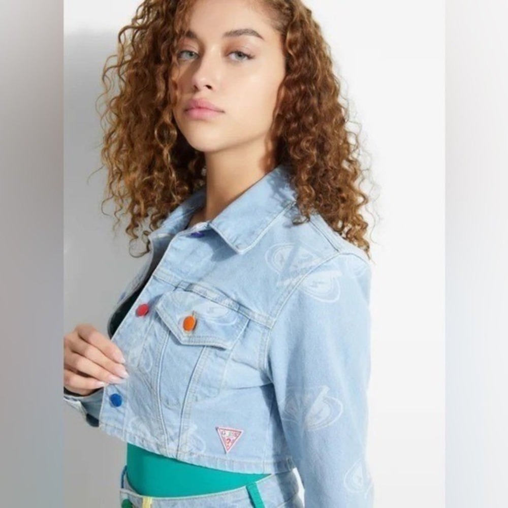 Guess x J. Balvin Cropped denim Jacket Logo print Women's Small Petite